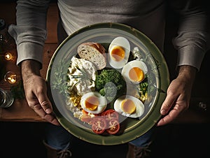 plate of salad with egg in man\'s hands