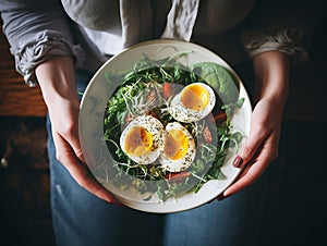 plate of salad with egg in woman\'s hands