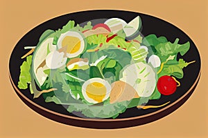 a plate of salad with eggs and tomatoes on it
