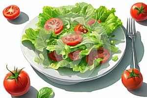 plate of salad with lettuce and tomatoes on a white plate