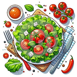 plate of salad with tomatoes and basil is on a wooden table