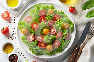 plate of salad with tomatoes and lettuce on a table