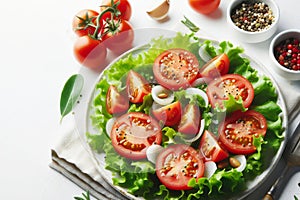 plate of salad with tomatoes and lettuce on a white table