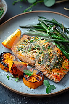 Plate of salmon, green beans, and sweet potatoes on table