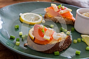 Plate of salmon sandwichs with hummus