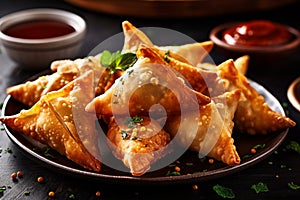 A plate of samosas and sauce Indian food generative Ai