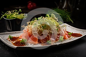 plate of sashimi, paired with spicy sriracha sauce and fresh sprouts
