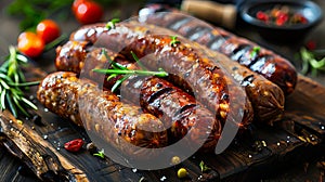 A plate of sausages with herbs and tomatoes