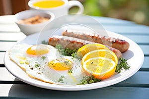 a plate of sausages with sunny side up eggs