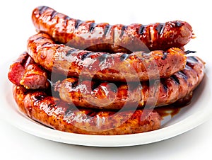 A plate of sausages on a white background