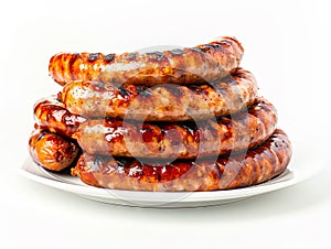 A plate of sausages on a white background