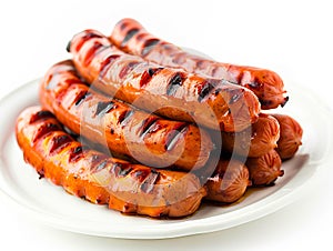 A plate of sausages on a white background