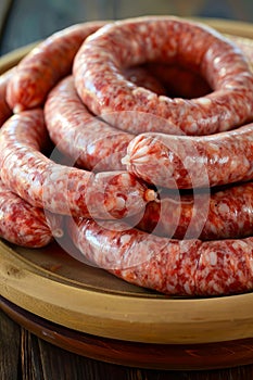 A plate of sausages on a wooden table