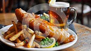 A plate of savory and crispy fish and chips accompanied by a cold pint of beer at a cozy airport pub