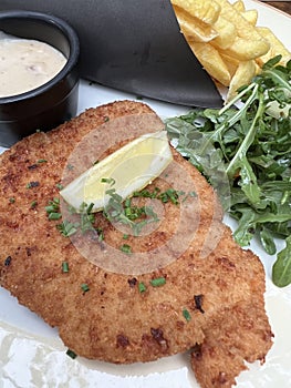 Plate with schnitzel and fries in close-up.