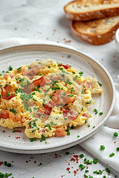 A plate with scrambled eggs served alongside crispy bacon and golden toast, on a white background