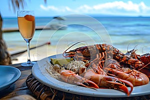 a plate with seafood ,shrimps, squid, oysters, lobsters on it near the ocean