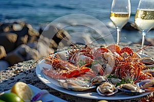 a plate with seafood ,shrimps, squid, oysters, lobsters on it near the ocean