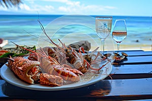 a plate with seafood ,shrimps, squid, oysters, lobsters on it near the ocean