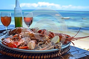 a plate with seafood ,shrimps, squid, oysters, lobsters on it near the ocean