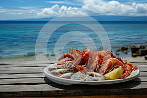 a plate with seafood ,shrimps, squid, oysters, lobsters on it near the ocean