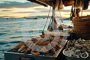 a plate with seafood ,shrimps, squid, oysters, lobsters on it near the ocean