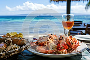 a plate with seafood ,shrimps, squid, oysters, lobsters on it near the ocean