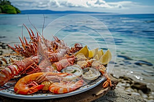 a plate with seafood ,shrimps, squid, oysters, lobsters on it near the ocean