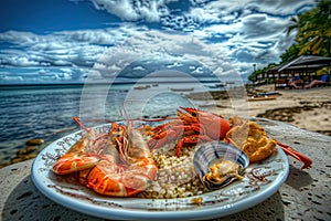 a plate with seafood ,shrimps, squid, oysters, lobsters on it near the ocean