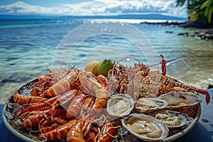 a plate with seafood ,shrimps, squid, oysters, lobsters on it near the ocean