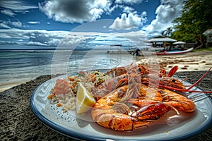 a plate with seafood ,shrimps, squid, oysters, lobsters on it near the ocean