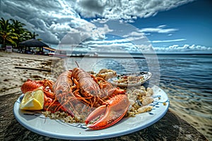 a plate with seafood ,shrimps, squid, oysters, lobsters on it near the ocean