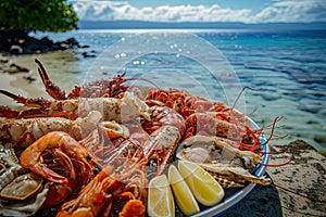 a plate with seafood ,shrimps, squid, oysters, lobsters on it near the ocean