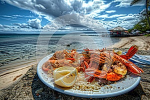 a plate with seafood ,shrimps, squid, oysters, lobsters on it near the ocean