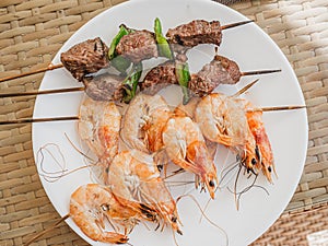 Plate with seafood. Top view, close-up. Tasty and healthy food