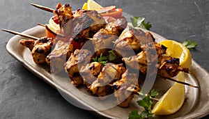 A plate of shish kabob with lemon wedges