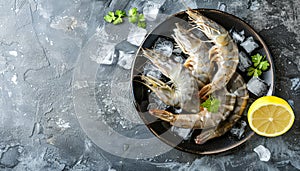 Plate of shrimp and lemon slices on a black plate
