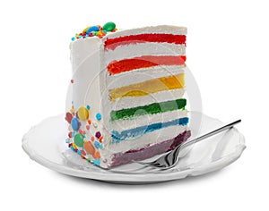 Plate with slice of delicious rainbow cake