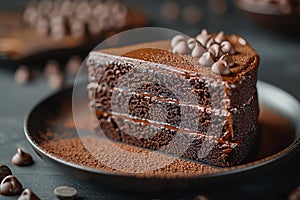 Plate with slice of tasty homemade chocolate cake on table