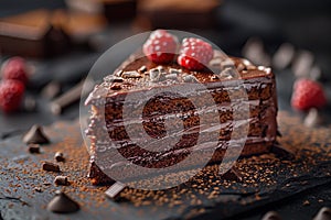 Plate with slice of tasty homemade chocolate cake on table