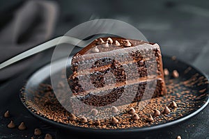 Plate with slice of tasty homemade chocolate cake on table