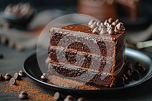 Plate with slice of tasty homemade chocolate cake on table