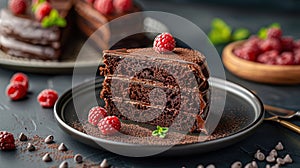 Plate with slice of tasty homemade chocolate cake on table