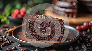 Plate with slice of tasty homemade chocolate cake on table