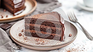 Plate with slice of tasty homemade chocolate cake on table