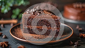 Plate with slice of tasty homemade chocolate cake on table