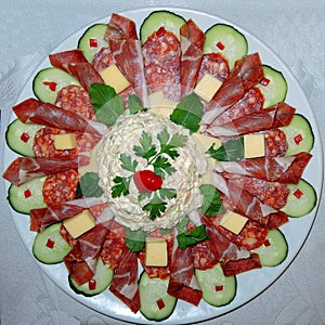 Plate with sliced and complex dried meat products