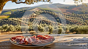 Plate of sliced ham in focus with blurred vineyard landscape. rustic outdoor dining setting. countryside gourmet