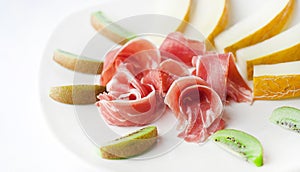 Plate with snack of ham and fruit