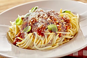 Plate of spaghetti Bolognese parmigiana